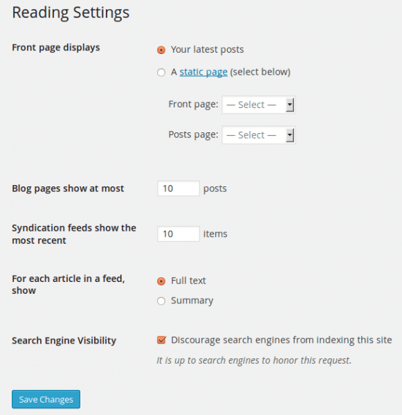 WordPress Reading Settings