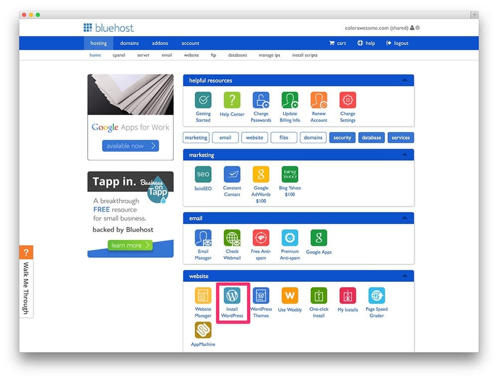 BlueHost cpanel page