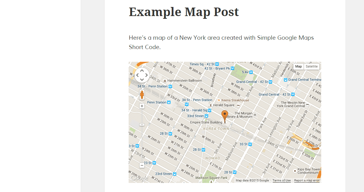 Simple Google Maps Short Code  added to a post 