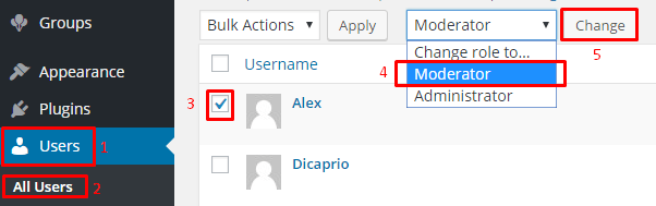 Assign “Moderator” Role to a User: