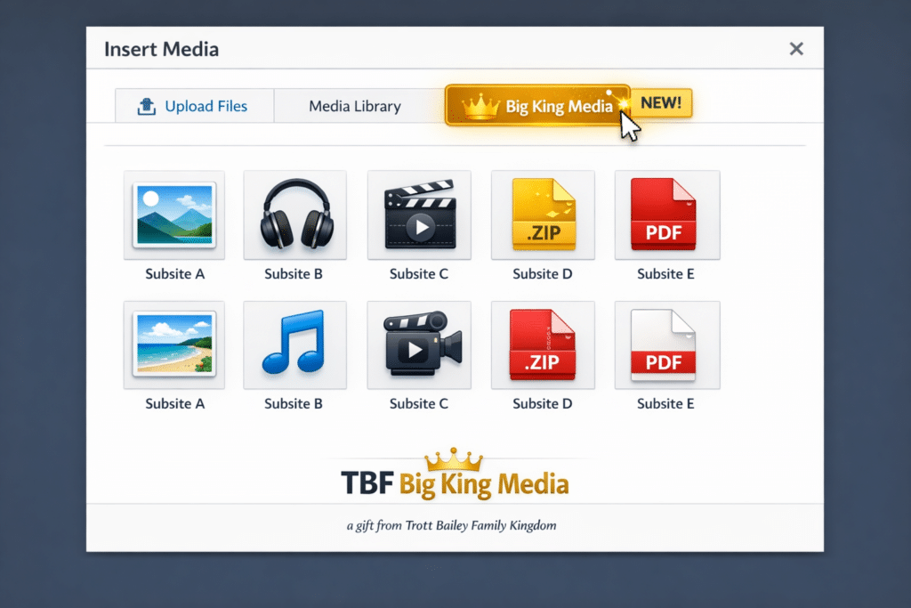 The Big King Media tab enables seamless media sharing across the entire WordPress multisite network. Editors on any subsite can browse and insert images, audio, video, documents, and ZIP files from other subsites directly into posts, galleries, or featured images.