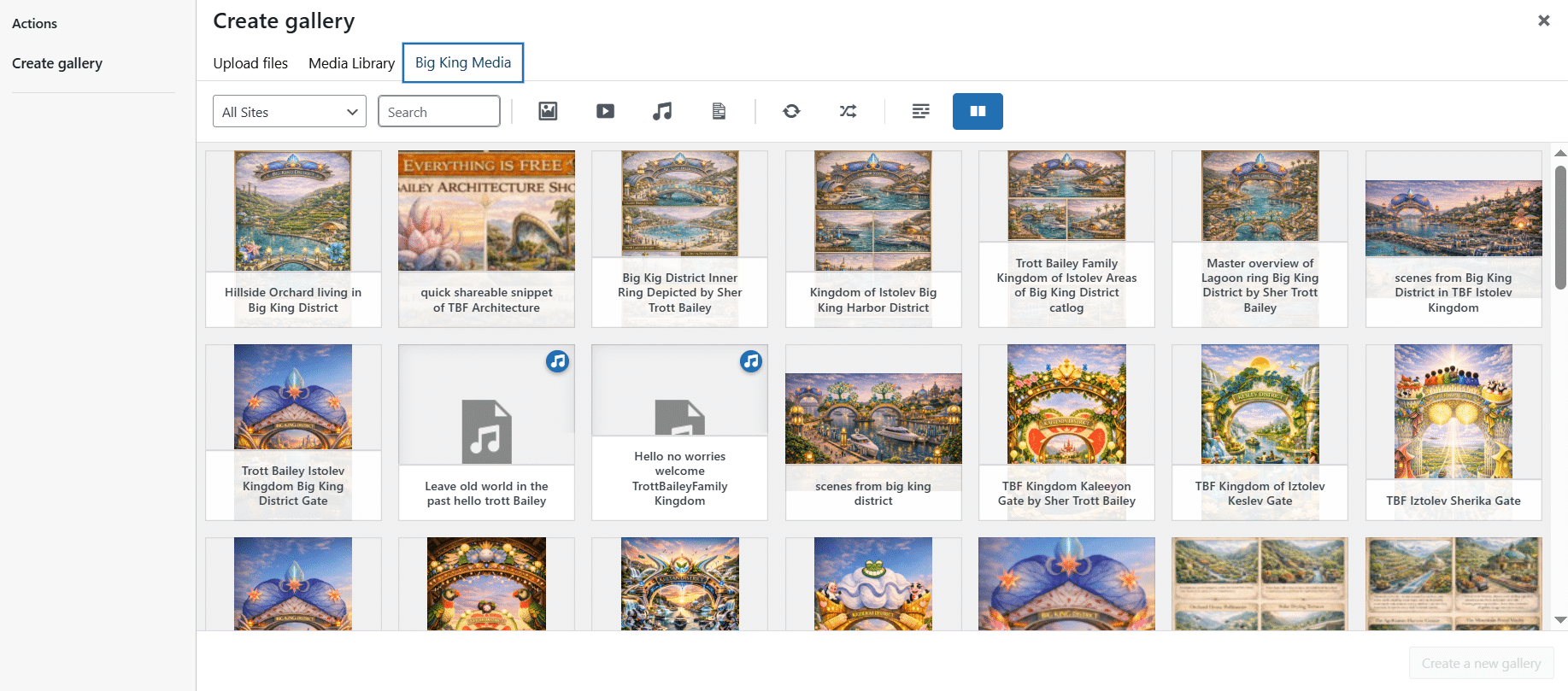 The Big King Media interface introduces a dedicated tab alongside the default Media Library, displaying all network-wide media in one place. It includes advanced filtering by subsite, real-time AJAX search, media-type icons, sorting by latest uploads, shuffle mode for random discovery, and toggle controls for sidebar details and captions.