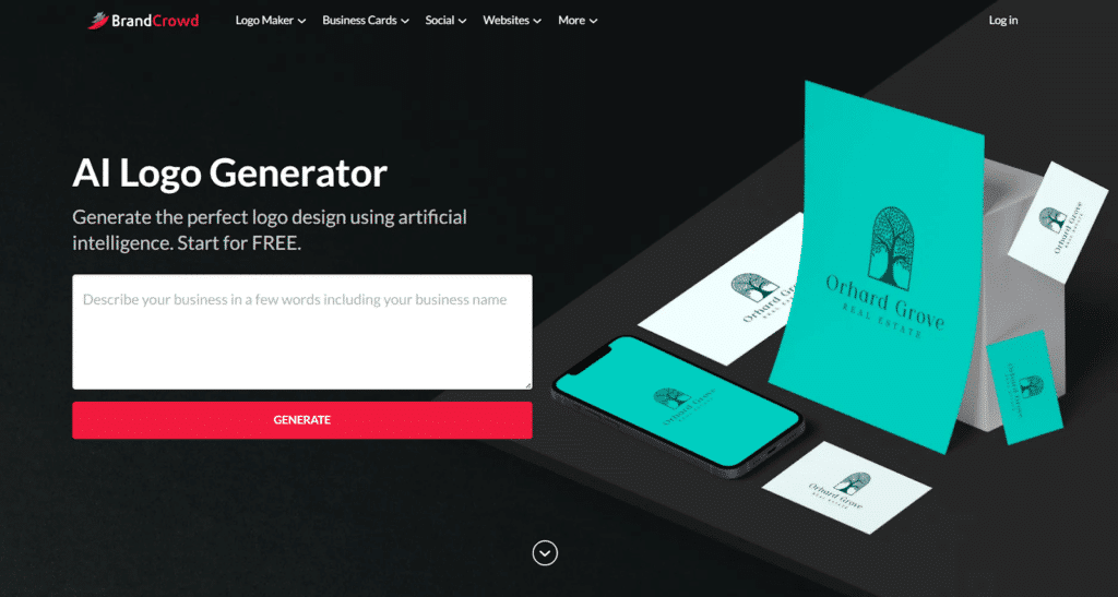 A screenshot of the BrandCrowd AI Logo Generator homepage featuring a dark-themed interface with an input box to generate professional logos and teal-colored brand mockups.