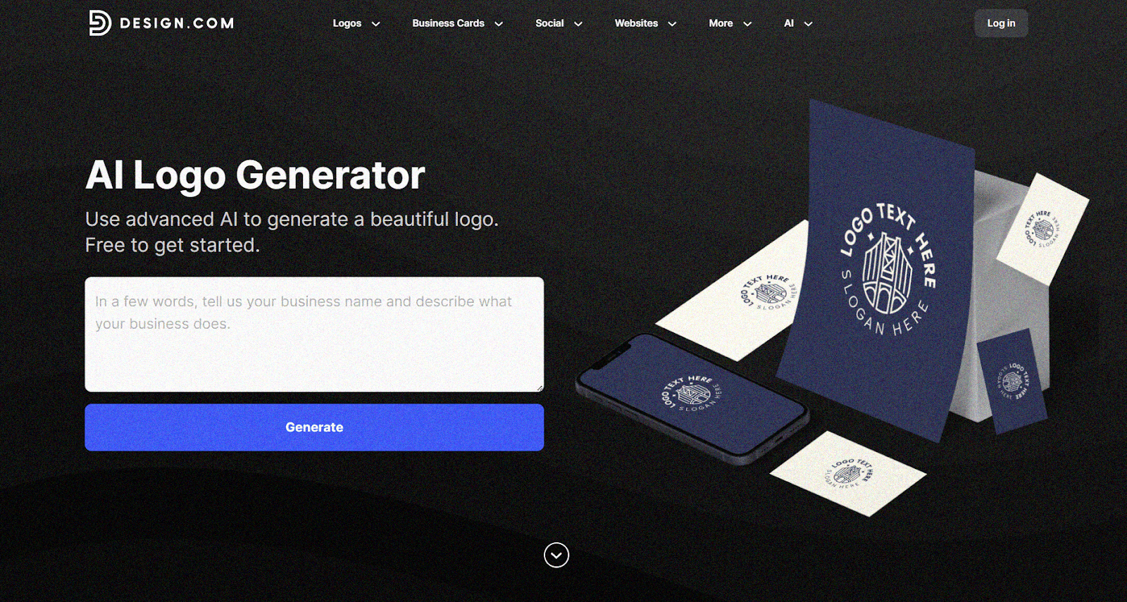 A screenshot of the Design.com AI Logo Generator homepage featuring a dark-themed interface with an input box to generate professional logos and 3D brand mockups.