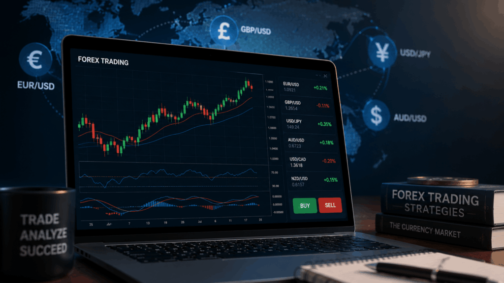 Laptop showing a forex trading platform with currency pairs, candlestick charts and global market visuals for learning how forex trading works.
