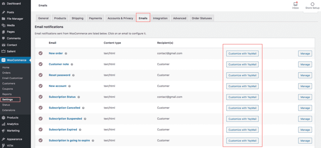 WooCommerce emails settings