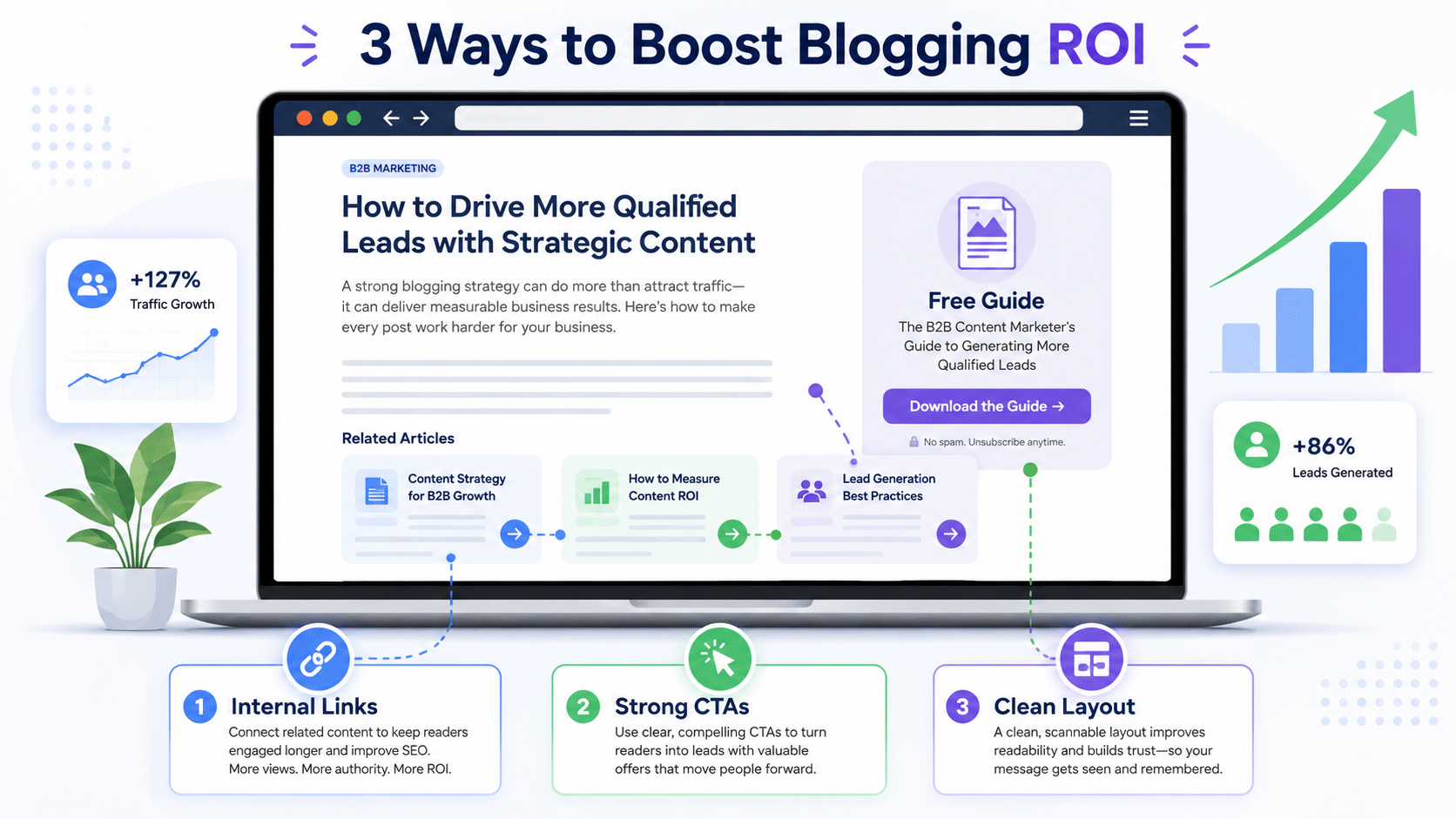 An infographic showing 3 simple ways to boost blogging ROI on a B2B website, featuring a laptop interface with data metrics for traffic growth and lead generation.