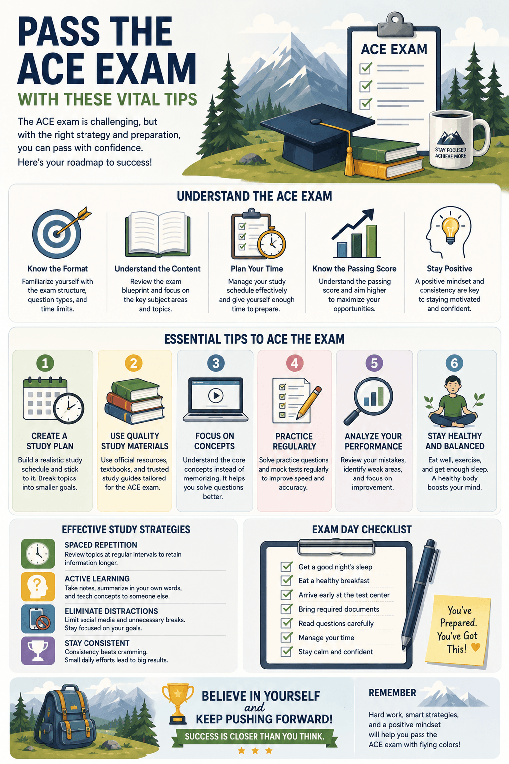 An educational infographic outlining a complete study roadmap to pass the ACE exam with these vital tips, featuring study strategies, prep steps, and a test-day checklist.