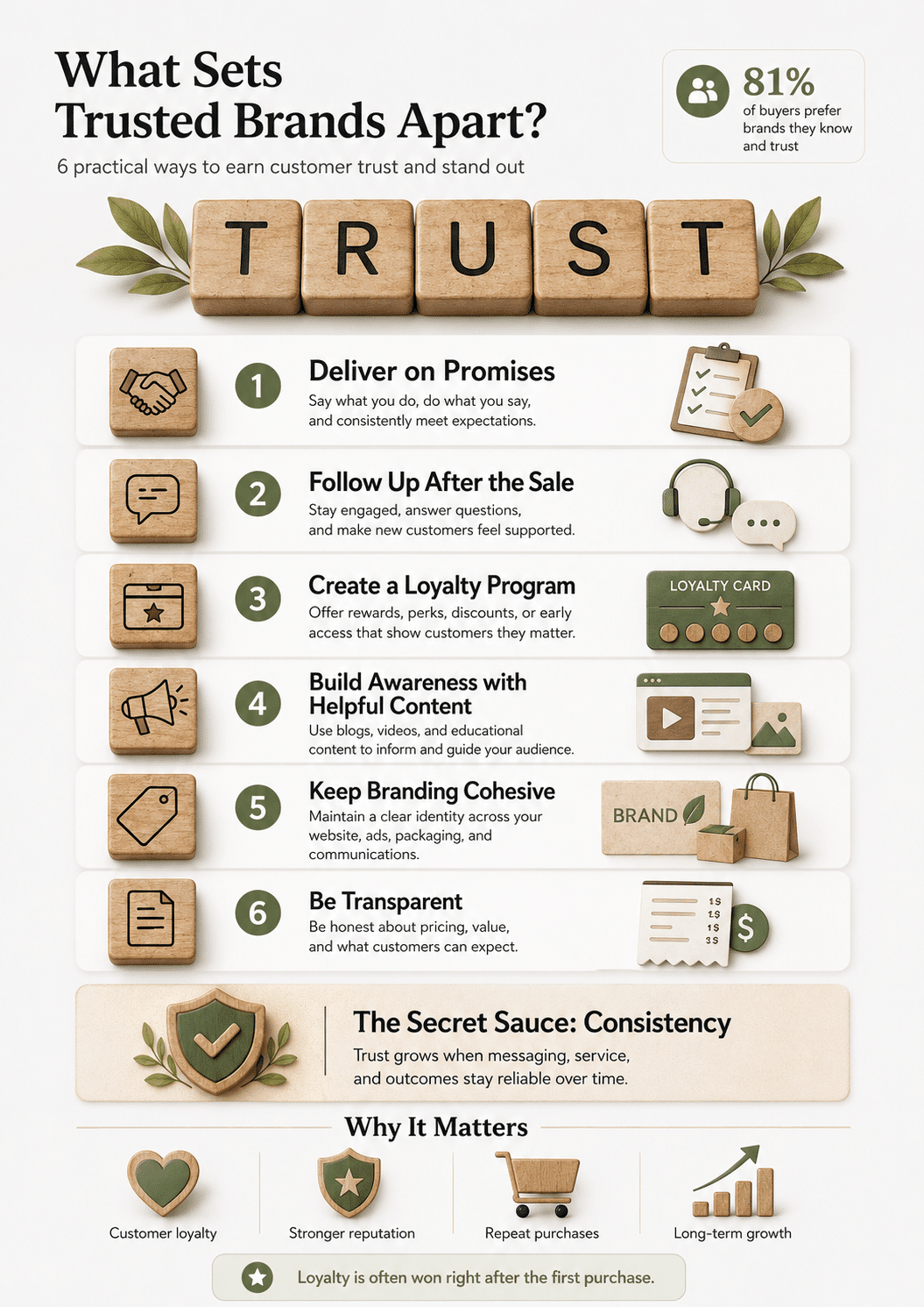An infographic detailing what sets trusted brands apart from the rest, outlining the core pillars of brand authority, customer loyalty, and corporate credibility.