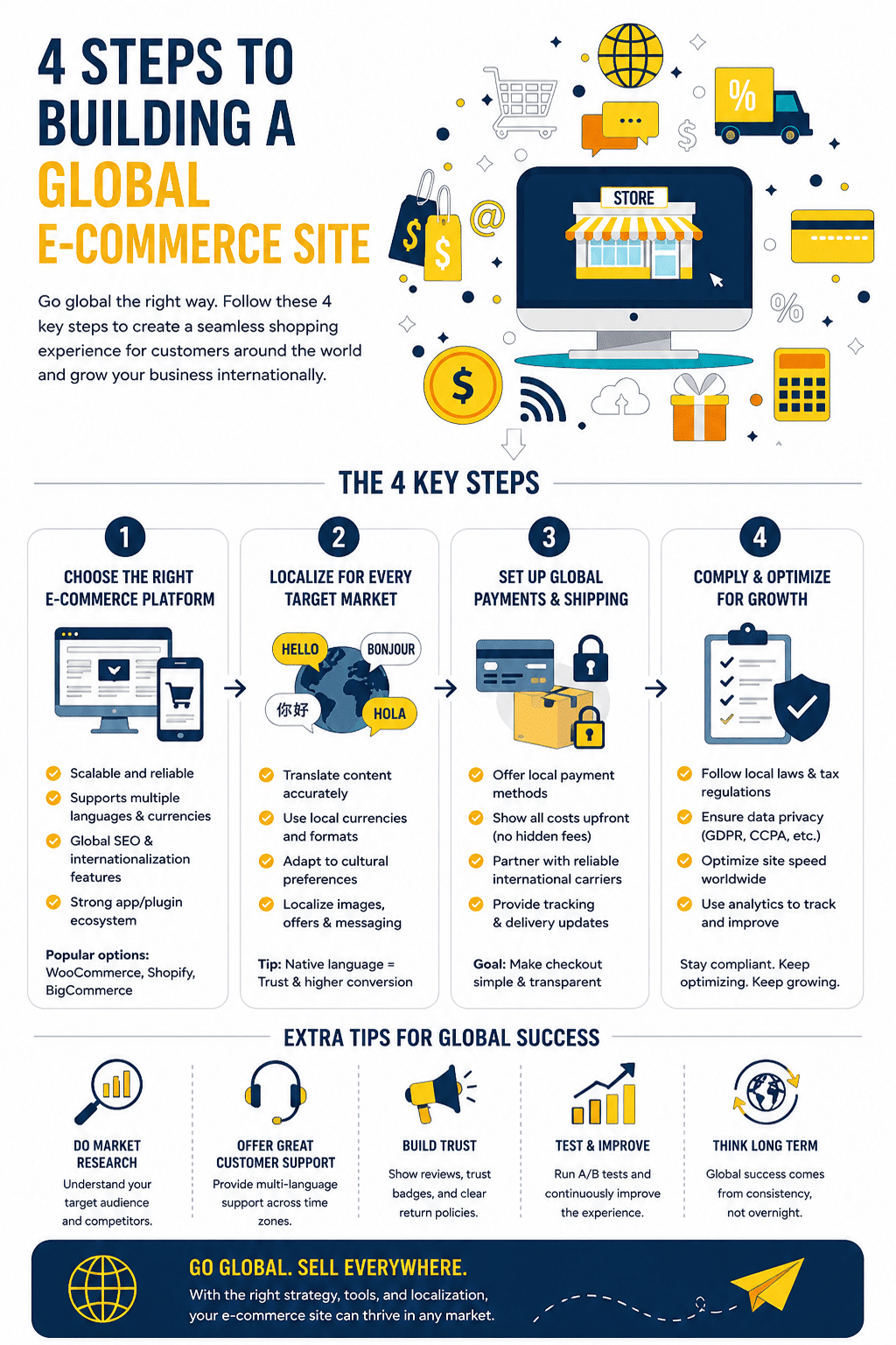 A global business expansion infographic outlining the 4 Steps To Building A Global E-Commerce Site, mapping out platform selection, market localization, international logistics, and international compliance checklists.