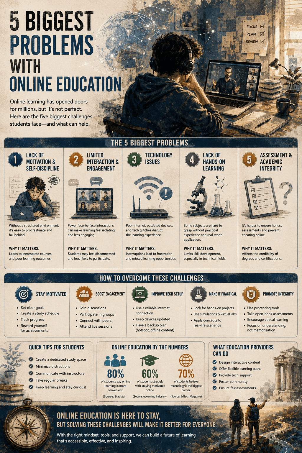 An e-learning visual guide detailing Infographic: 5 Biggest Problems With Online Education, highlighting student motivation, digital engagement, tech barriers, practical virtual labs, and academic integrity solutions.