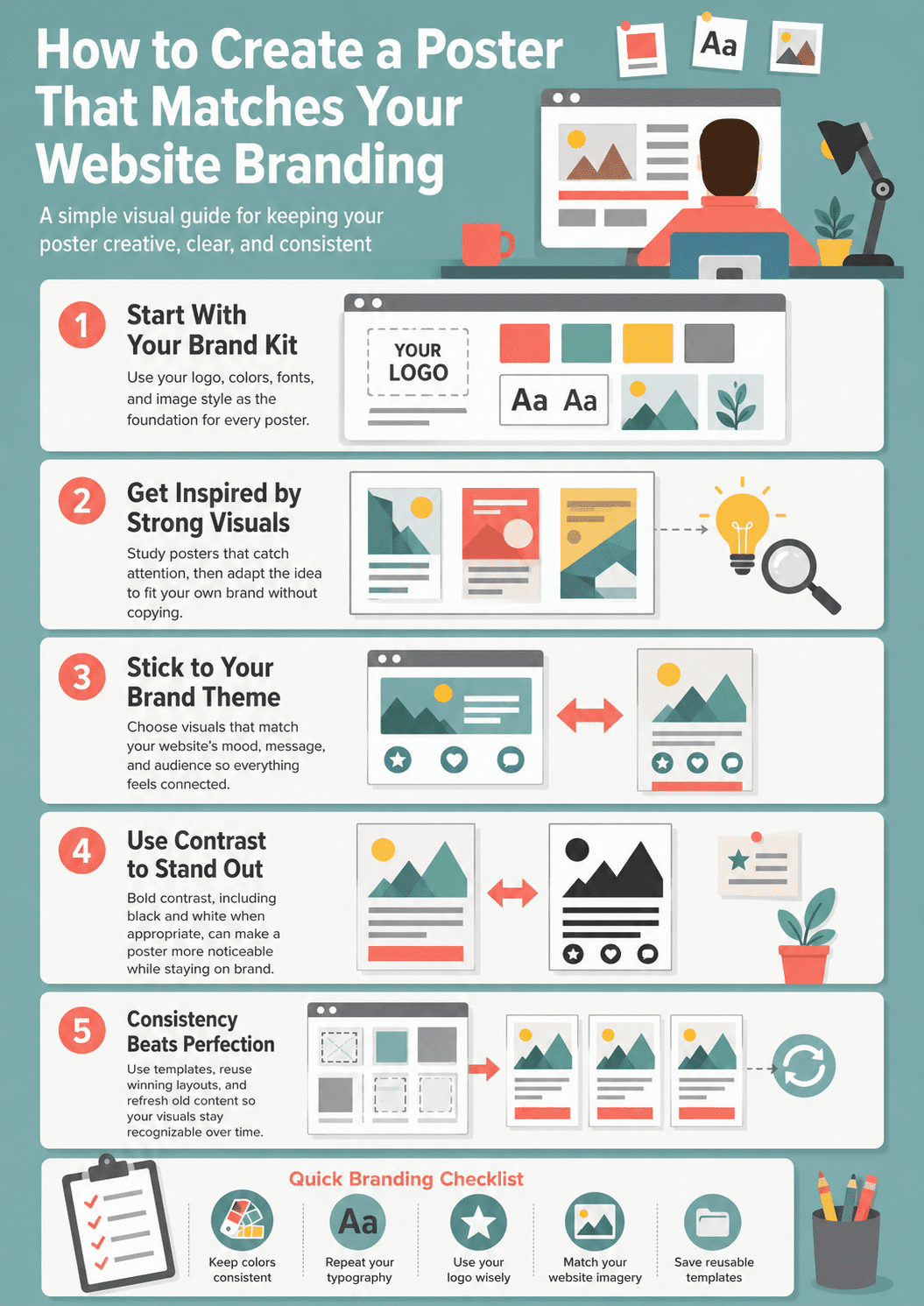 A flat-vector marketing infographic outlining how to easily create a poster that matches your website branding using coordinated assets, style guides, and design checklists.