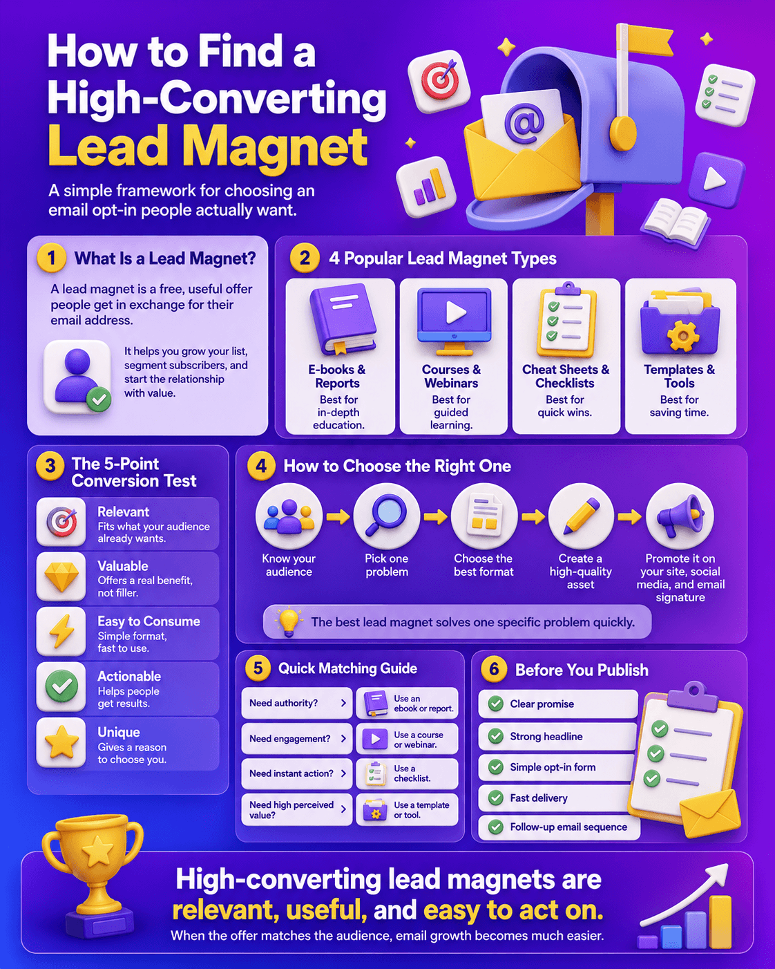 An email marketing strategy checklist detailing Infographic: How to Find a High-Converting Lead Magnet for Your Email Marketing?, covering 4 opt-in types, 5 conversion criteria, quick matching guides, and publishing checklists.