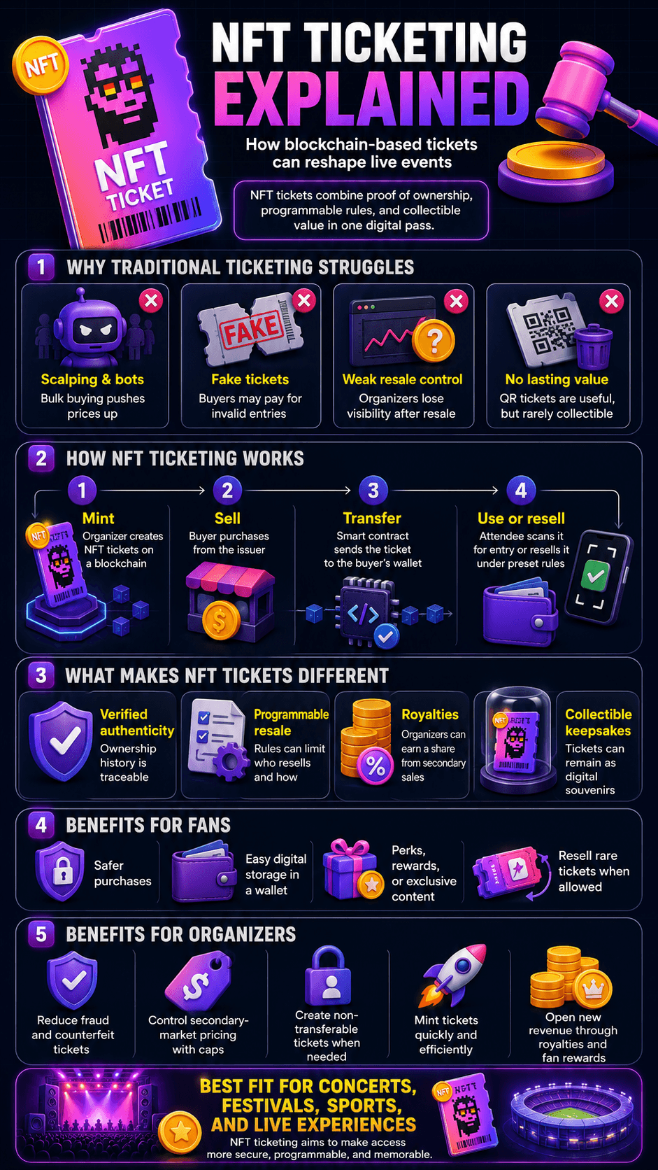 An event technology and Web3 infographic detailing NFT Ticketing: What Is & How The Future Of Events Work To Disrupt The Ticketing Industry, illustrating blockchain minting workflows, smart contract resale rules, secondary market royalties, and fraud prevention.