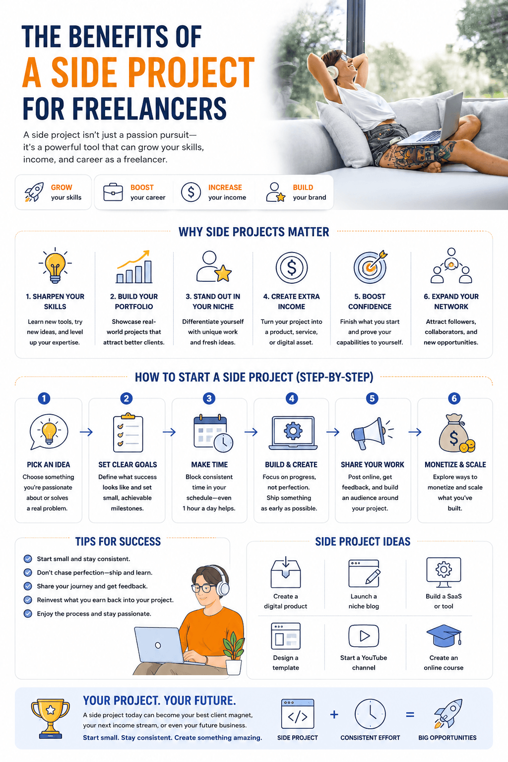 A professional career growth infographic outlining The Benefits of a Side Project for Freelancers, displaying a six-step startup framework, entrepreneurial ideas, and a personal branding checklist.