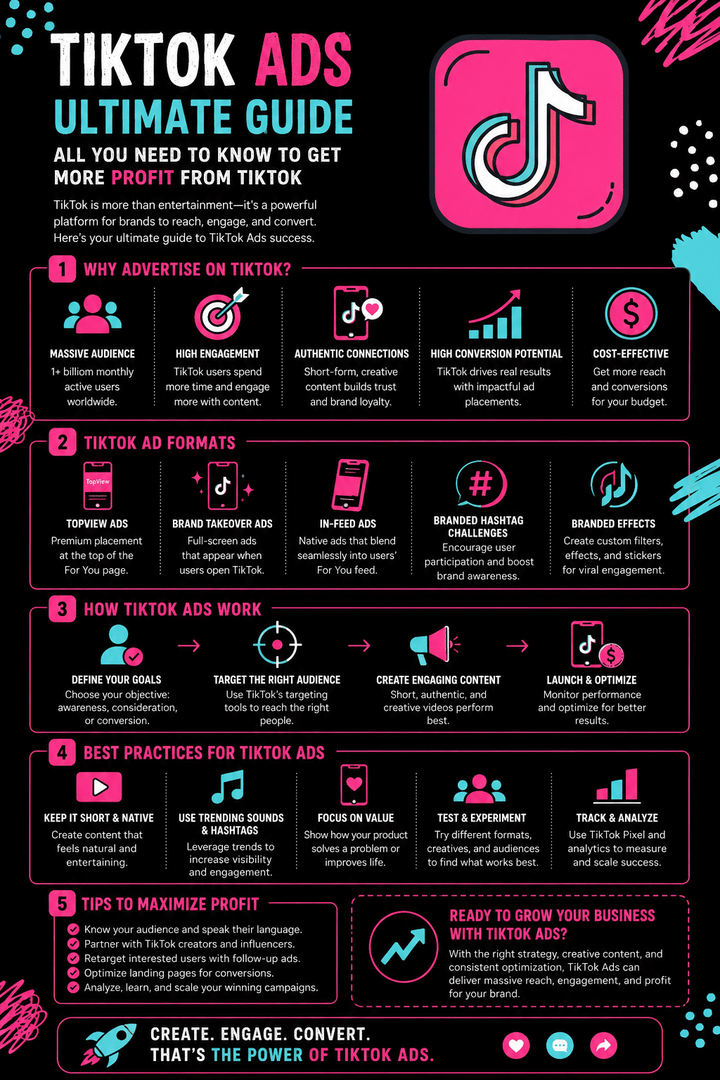 A high-contrast marketing infographic breaking down TikTok Ads: The Ultimate 2026 Guide to Setup, Costs and Ad Formats, using neon visual modules over a dark background.