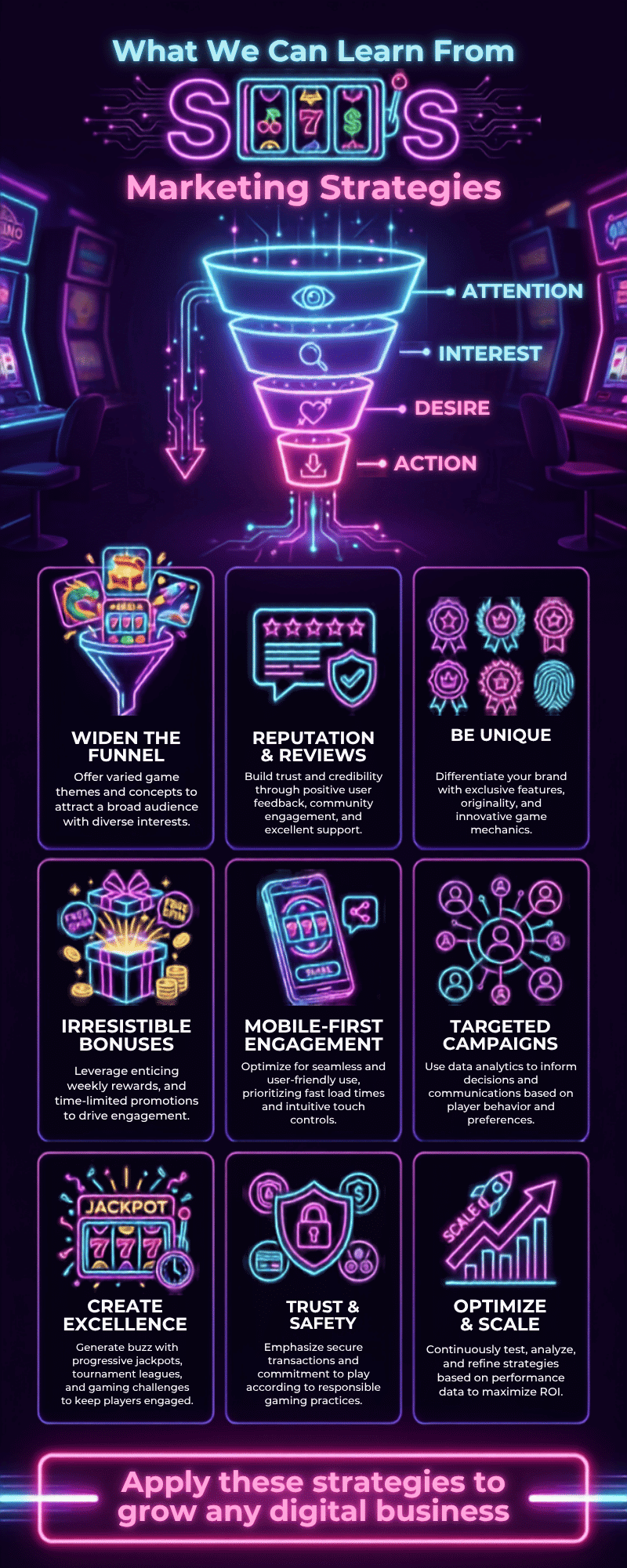 A vibrant dark-mode marketing infographic detailing What We Can Learn From Online Slots Marketing Strategies, showcasing a neon AIDA customer acquisition funnel alongside a nine-part digital growth strategy matrix.