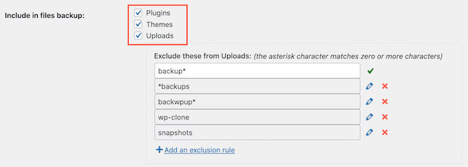 Creating exclusion rules for a WordPress backup