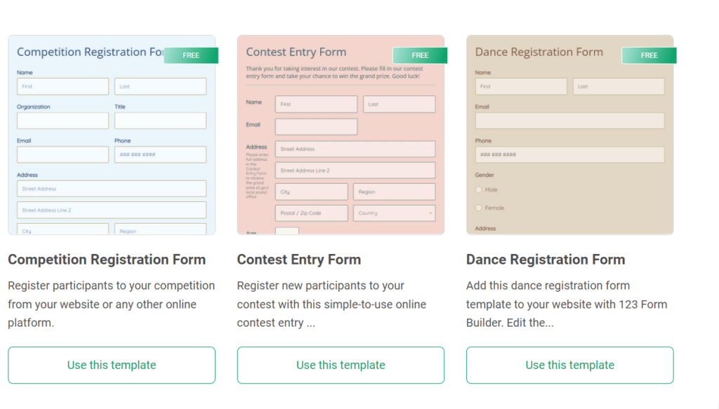 Registration form data 3 columns