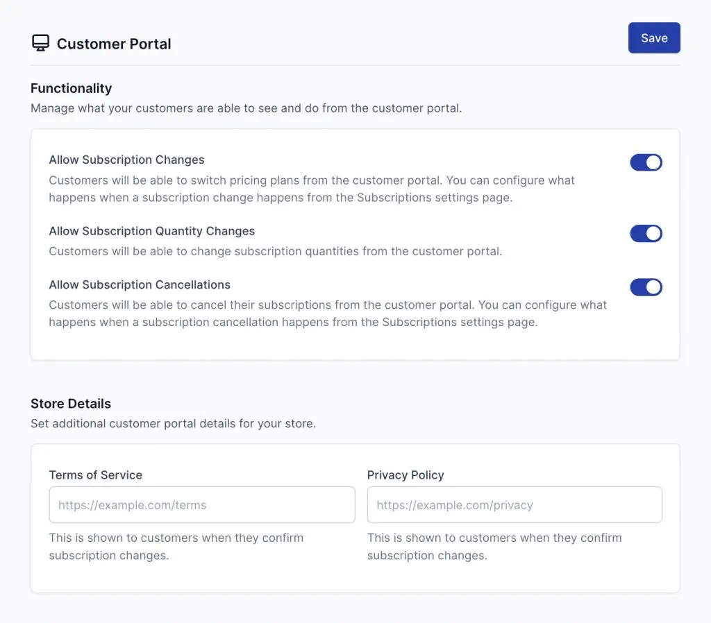 SureCart customer portal settings