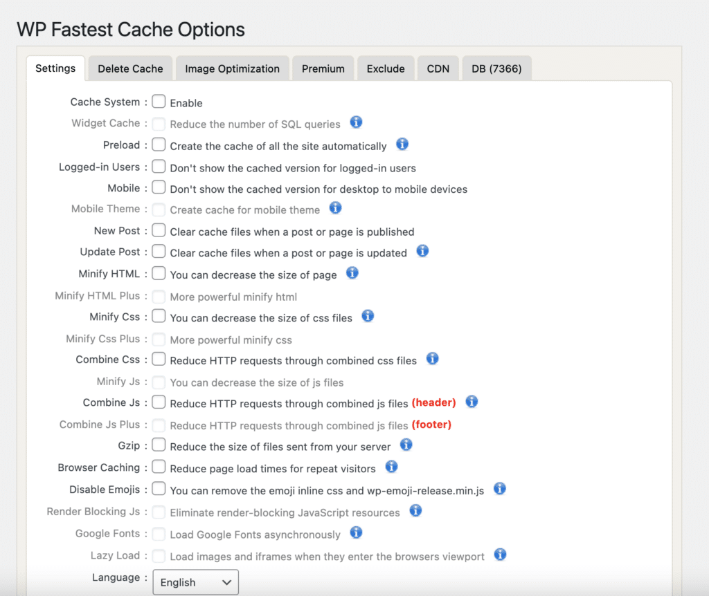 Various options inside of the WP Fastest Cache Plugin for you to select. Speed up you site for free