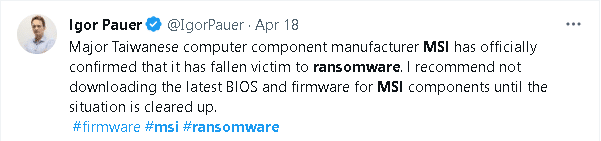 MSI attacked by Ransomware