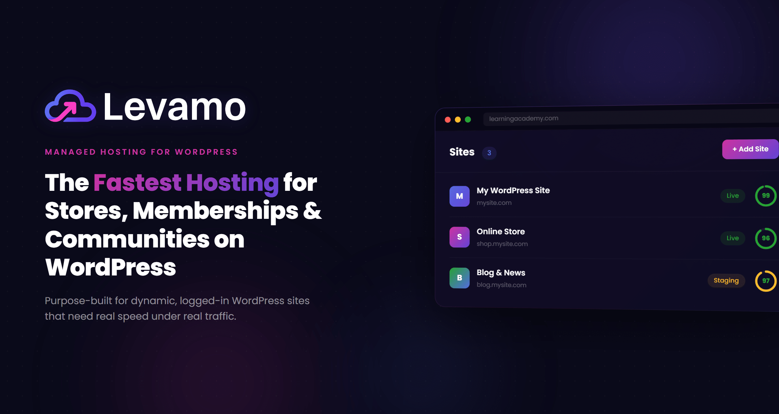 Levamo managed hosting for WordPress dashboard interface displaying high site speed scores, demonstrating how can your website benefit from the best managed WordPress hosting.