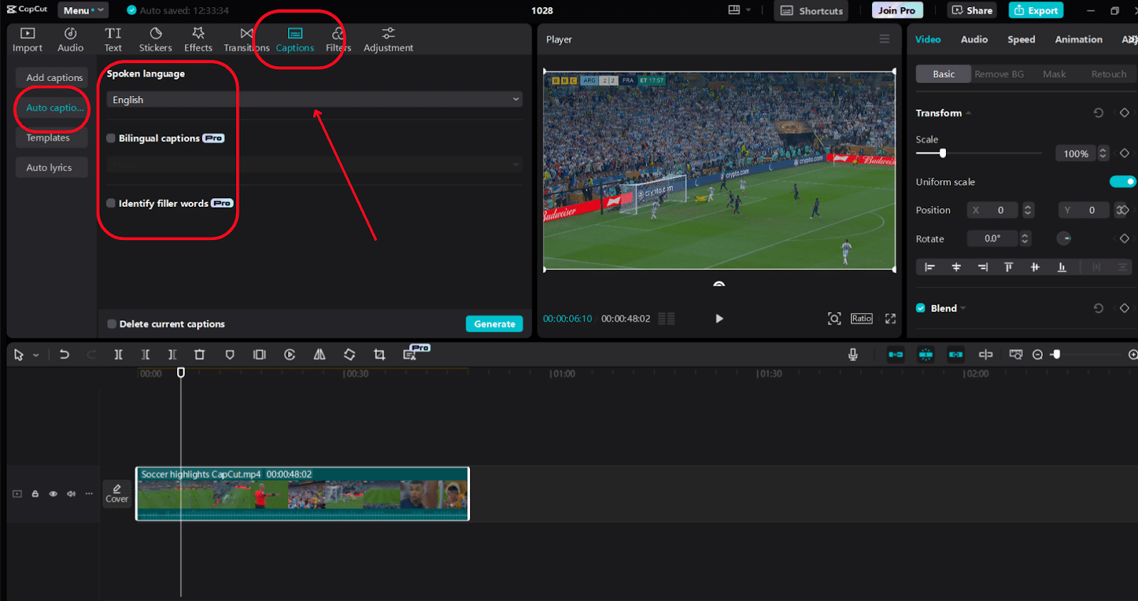 Auto Captions” to automatically create subtitles