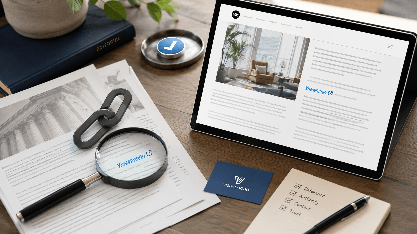 Editorial workspace showing a branded backlink under review with a magnifying glass, checklist and website article, representing safer SEO link placement analysis.