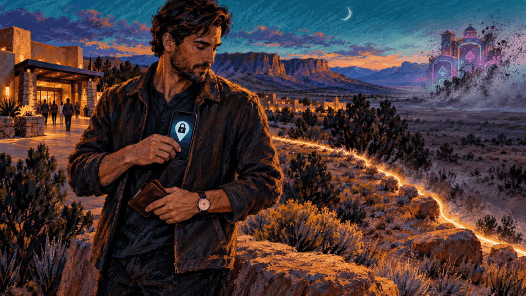 Oil pastel illustration of an adult viewing a location lock on a phone beside a glowing boundary in the New Mexico desert.