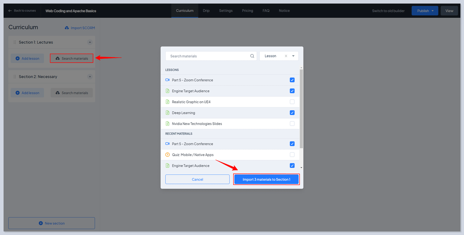 Search materials" button