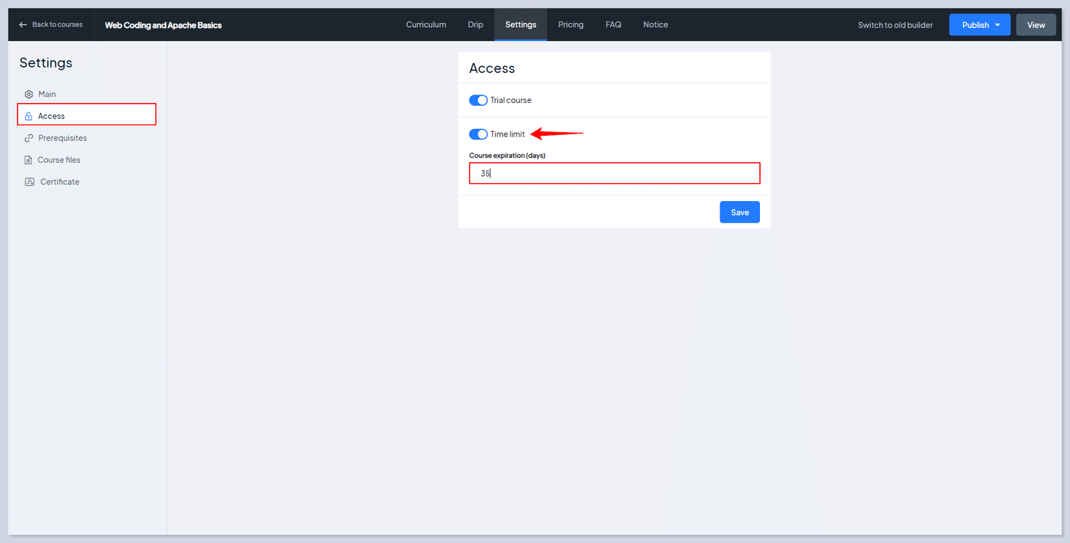Enabling the Time Limit option