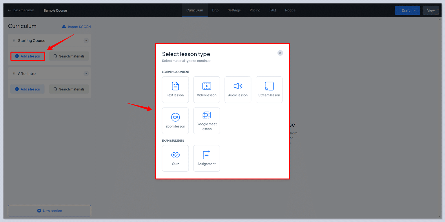 "Add lessons" button, Instructors can create new lessons