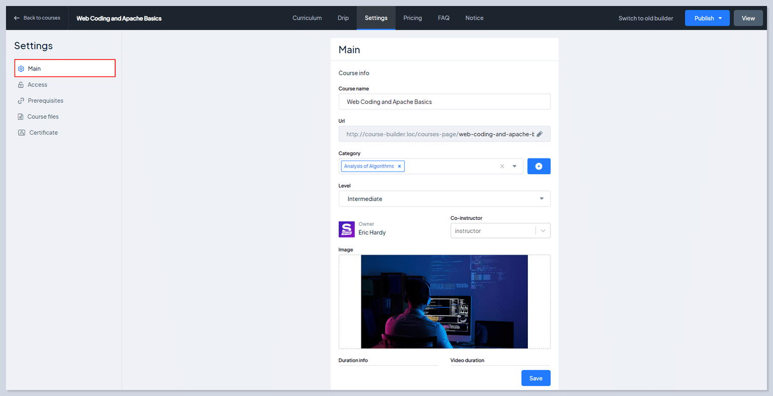 course's title, URL, description, and status