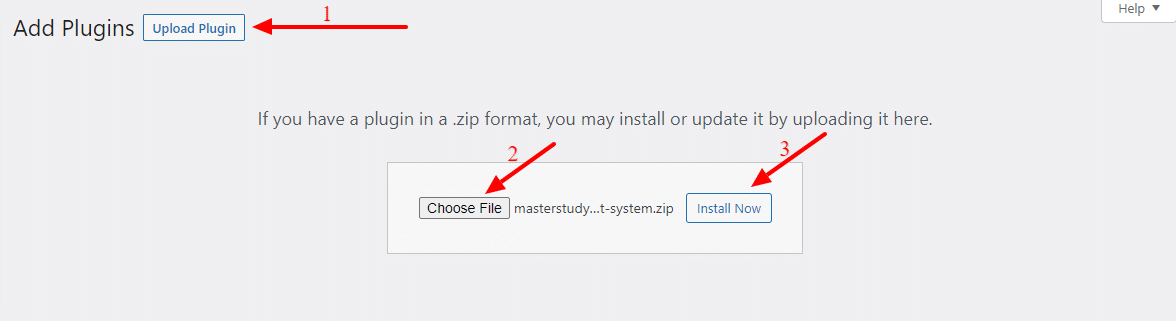 Click on the Upload Plugin button(1), select the MasterStudy LMS Plugin