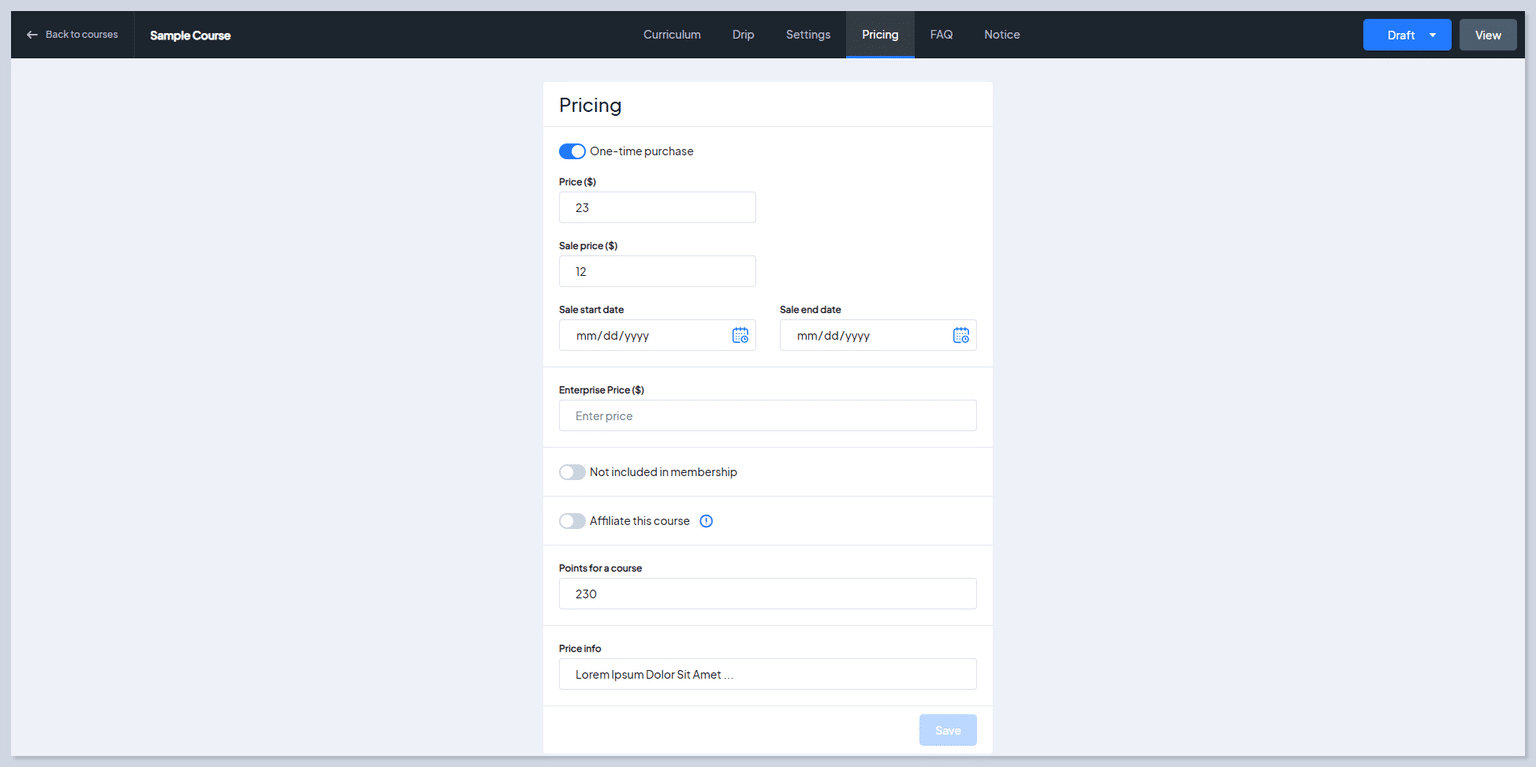 The Pricing tab is a section within a course builder