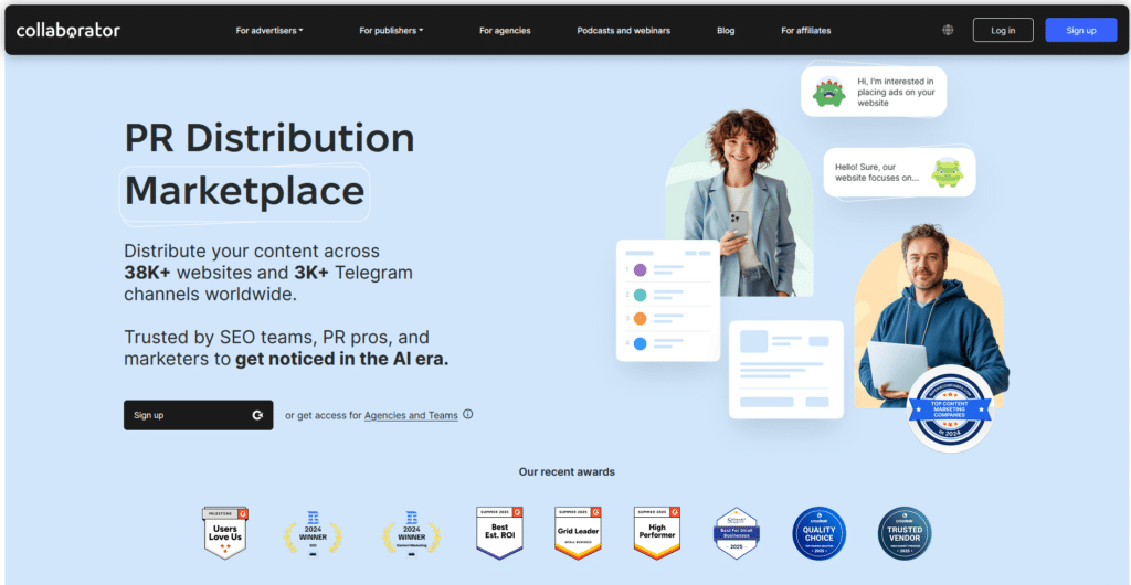 Collaborator PR distribution marketplace homepage for content distribution and link building
