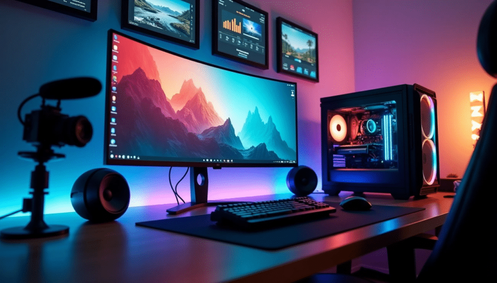 A high-end gaming setup with a curved monitor, RGB lighting, and a glass-paneled PC case, representing a high-performance WordPress entertainment gaming theme.