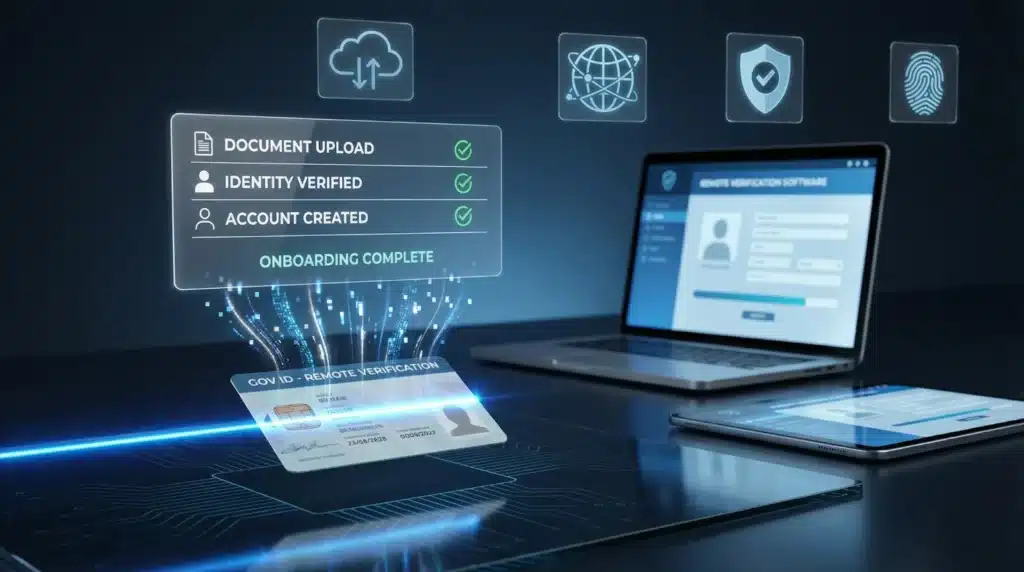 A digital interface showing ID card scanning software performing a remote verification process, including document upload, identity verification, and onboarding completion on a laptop and tablet.
