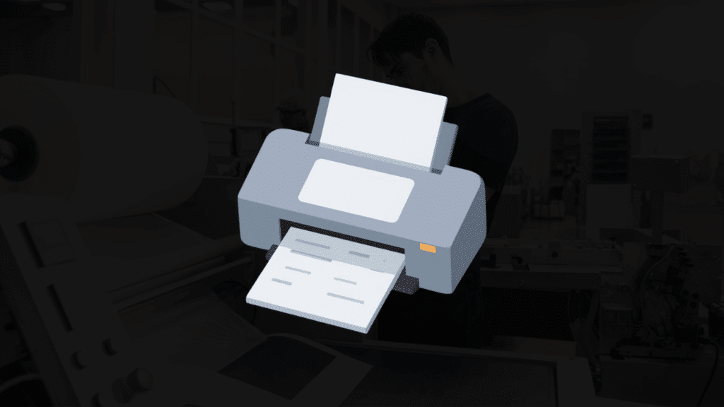A 3D illustration of a professional printer with a document, representing a web-to-print solution and one of the best 3D product configurators to boost ecommerce conversions.