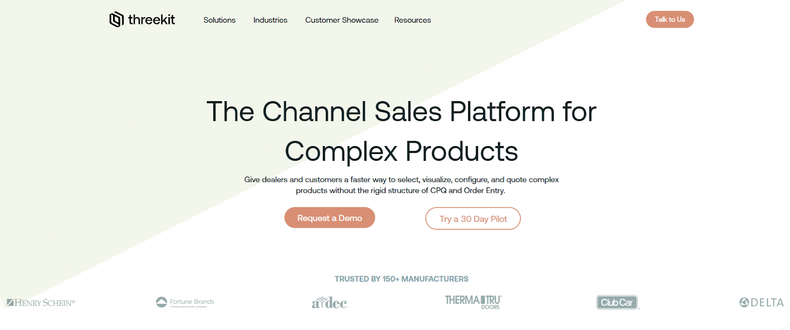 Threekit product configurator homepage screenshot with The Channel Sales Platform for Complex Products headline and enterprise 3D visualization branding