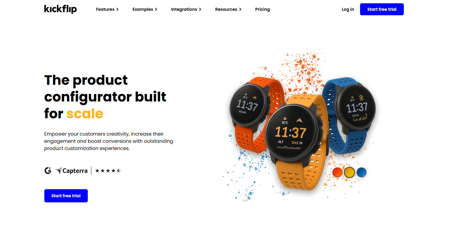 Kickflip product configurator homepage screenshot with The product configurator built for scale headline and customizable smartwatch previews Boost Ecommerce Print Conversions