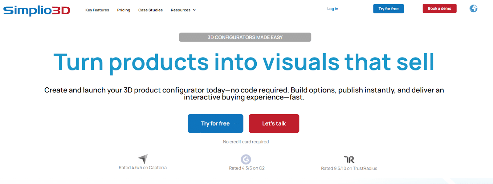 Simplio3D product configurator homepage screenshot with Turn products into visuals that sell headline and no code 3D configurator platform Web to Print