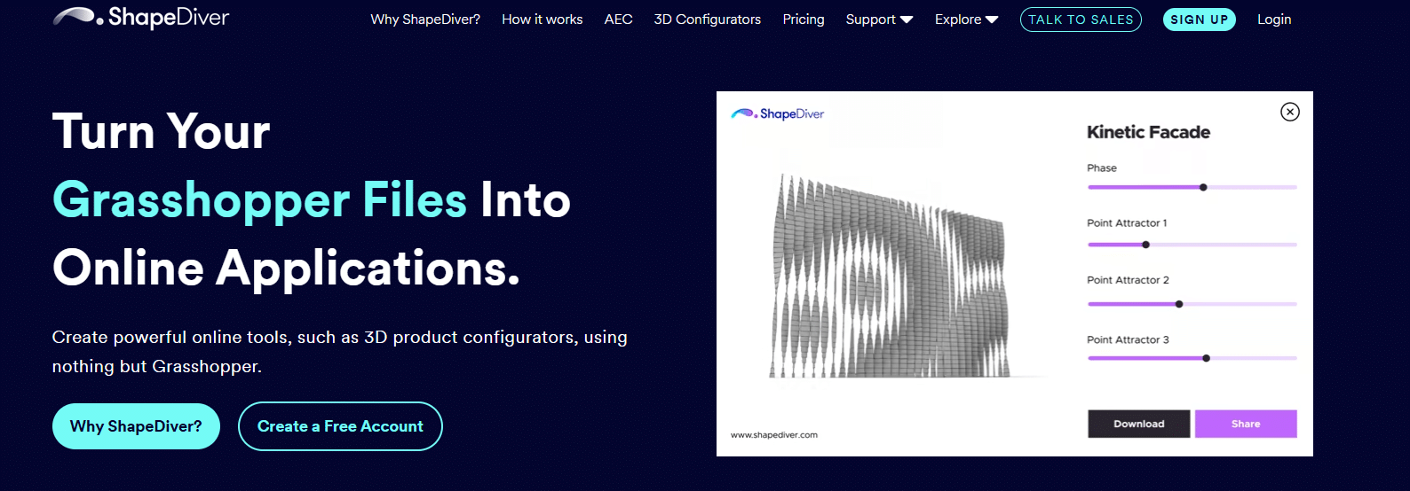 ShapeDiver product configurator screenshot with Turn Your Grasshopper Files Into Online Applications headline and parametric kinetic facade preview Boost Ecommerce Print Conversions