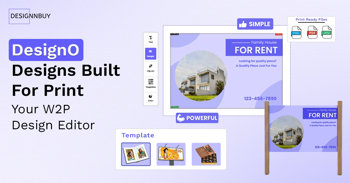 DesignNBuy DesignO web to print editor screenshot with print ready file export, customizable real estate sign design, and template tools