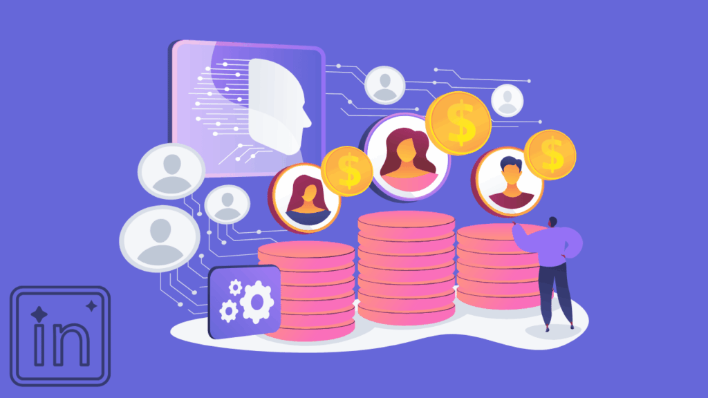 A digital illustration showing LinkedIn profile icons being processed into stacks of gold coins and data nodes, representing how to scrape LinkedIn Sales Navigator leads for CRM integration.