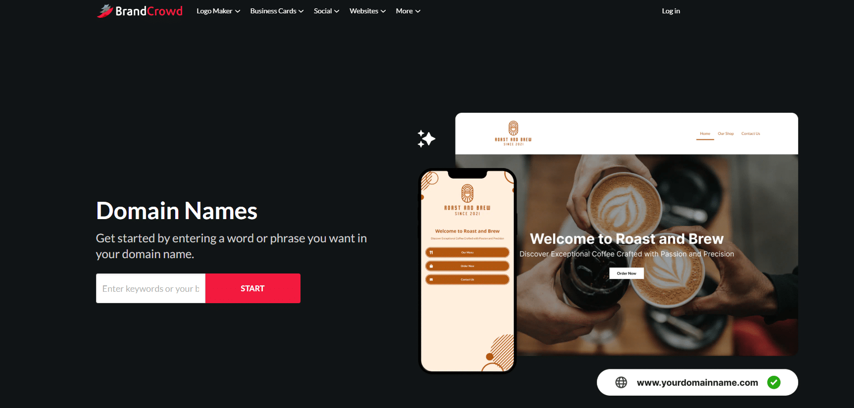 BrandCrowd Homepage Top Domain Name Generators for Startups and Small Businesses 