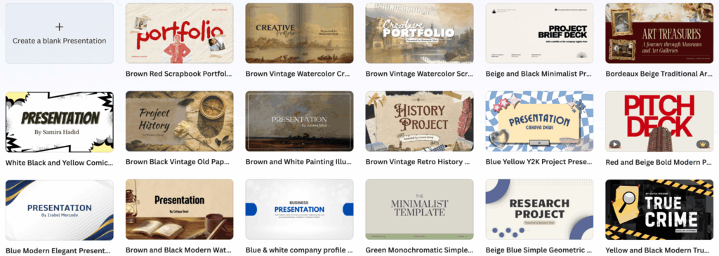 A grid layout of diverse presentation template thumbnails, including styles like vintage watercolor, minimalist business, retro history, comic book, and Y2K aesthetic. Design.com vs Canva Presentation Maker