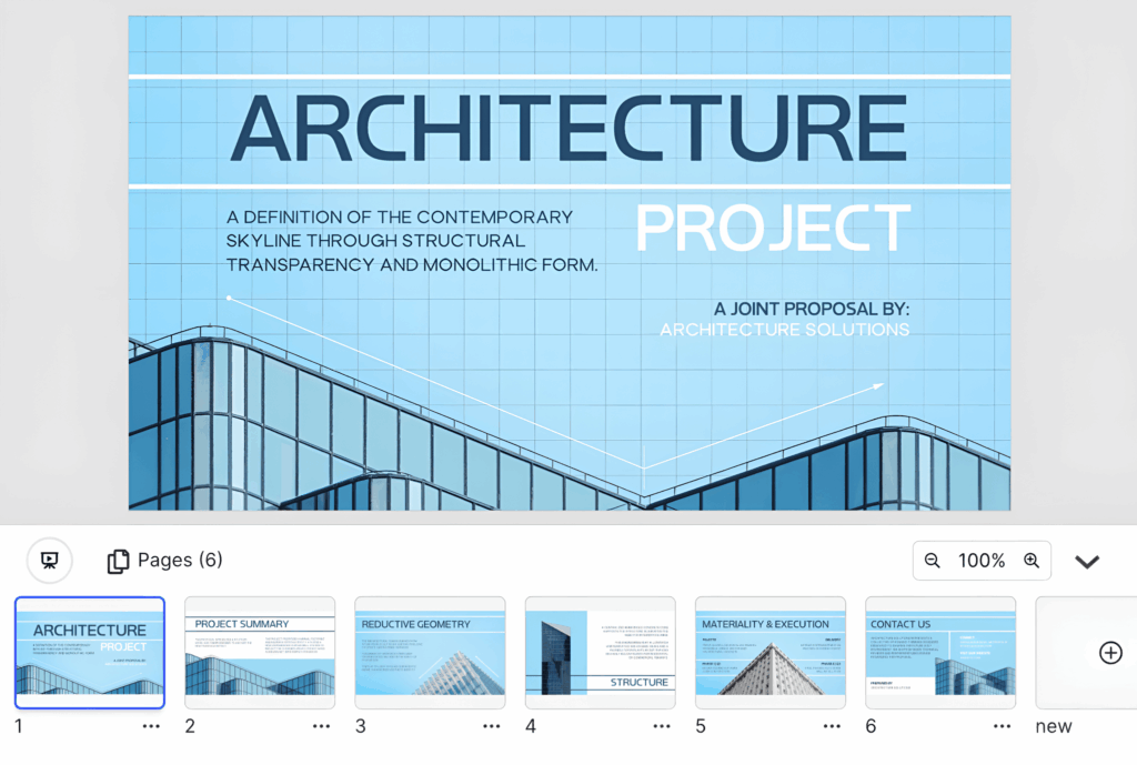 A light blue presentation slide with a grid overlay and architectural photography of a glass building. The text reads "ARCHITECTURE PROJECT" with a secondary section titled "A joint proposal by: Architecture Solutions."