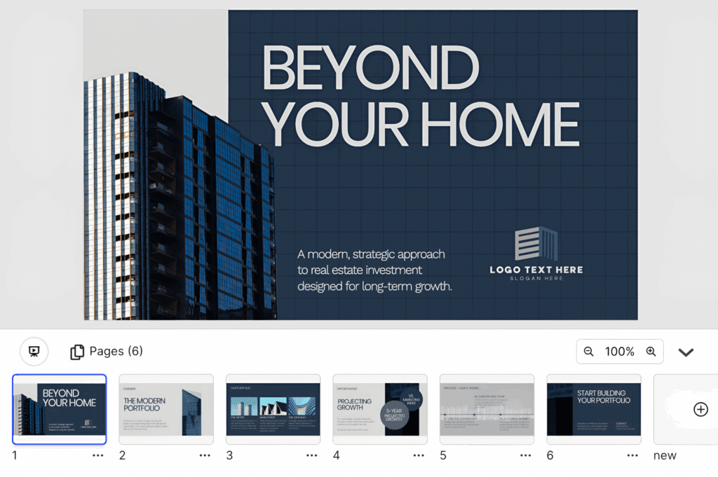 A dark blue and slate grey presentation slide titled "BEYOND YOUR HOME" featuring a high-rise modern apartment building, a grid texture background, and a professional logo placeholder.